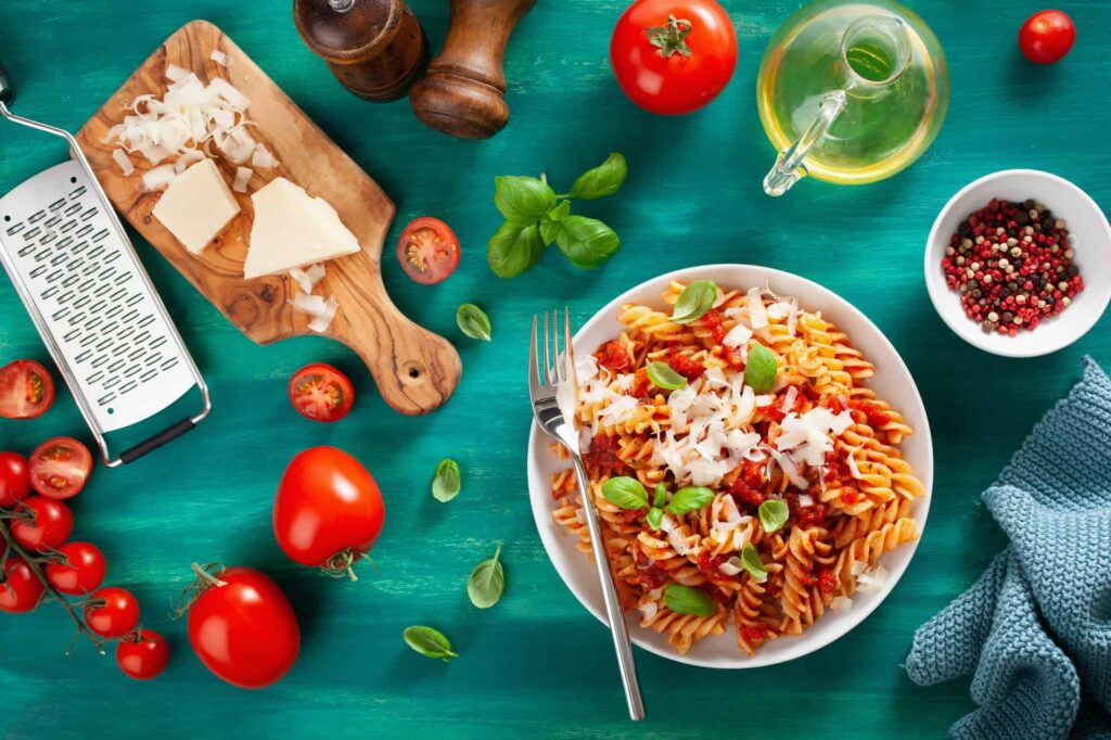 healthy fusilli pasta with tomato sauce parmesan basil
