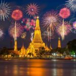 Wat Arun river side with Beautiful Fireworks for celebration at twilight time in Bangkok, Thailand